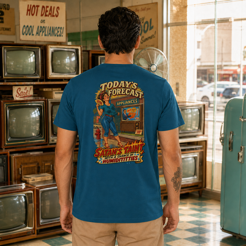 Male model wearing the Humidititties unisex graphic T-shirt in Deep Teal, back view