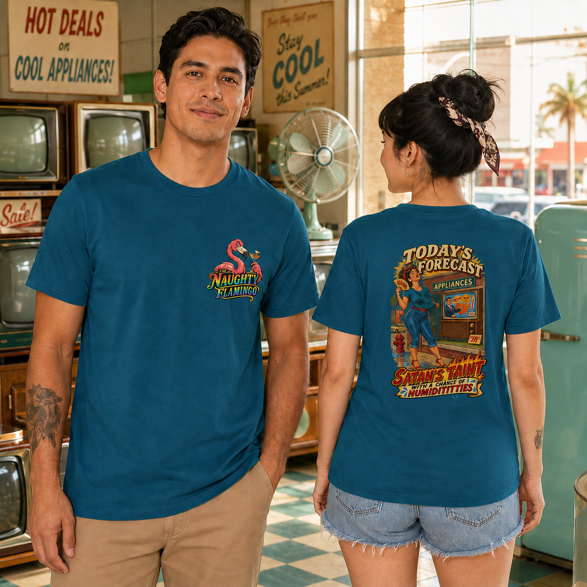 Male and female models showing the front and back of the Humidititties unisex graphic T-shirt in Deep Teal