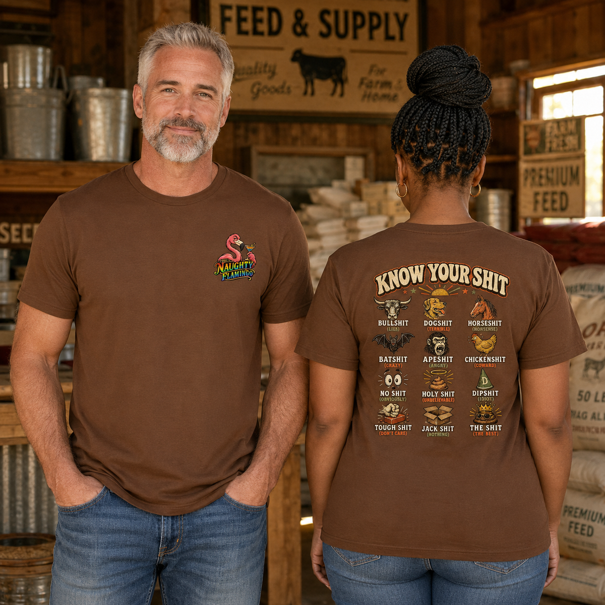 Know Your Shit Chestnut unisex graphic T-shirt male front and female back