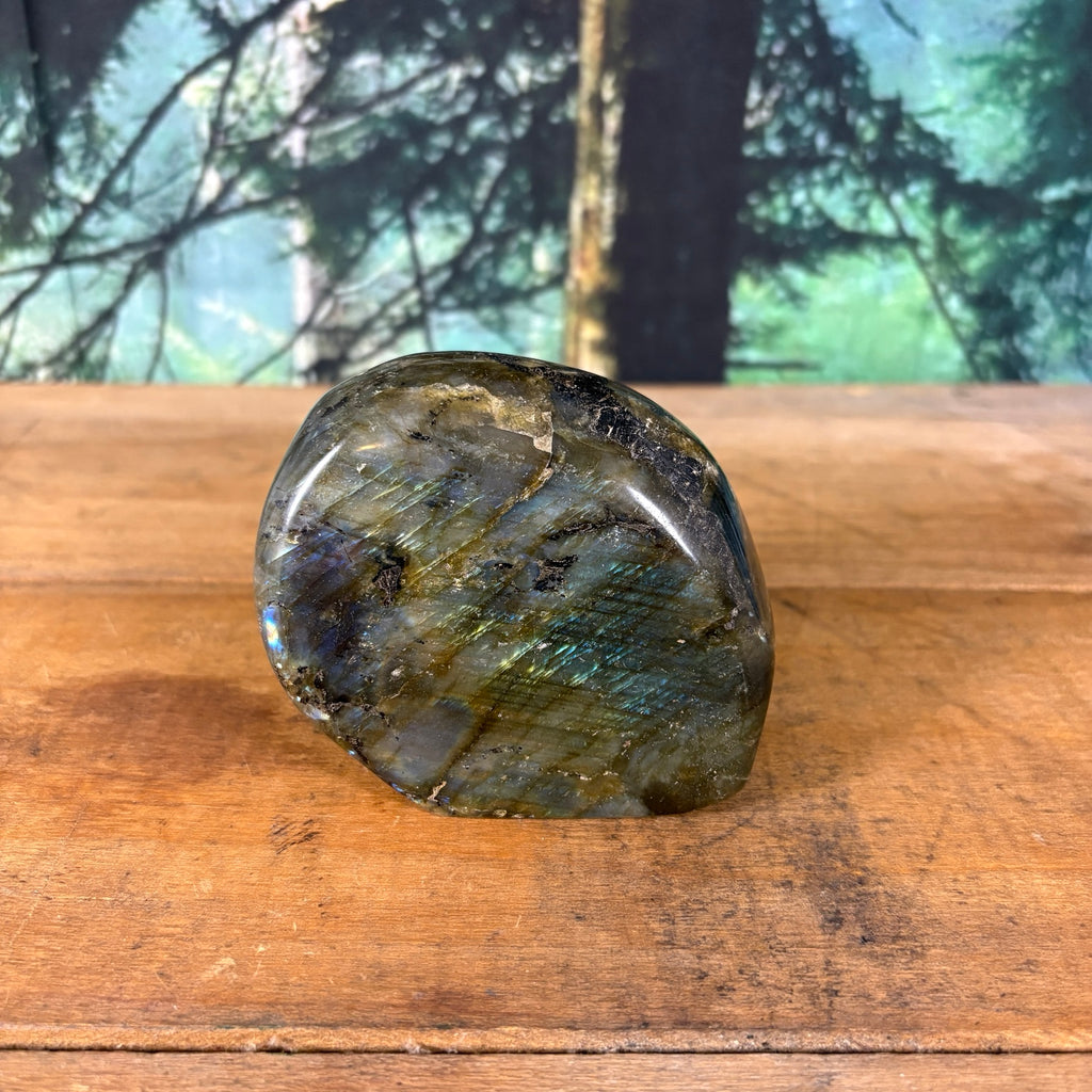 Labradorite freeform opposite face with green blue and gold flash