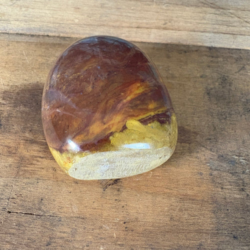 Burgundy mustard and cream mookaite jasper freeform front view