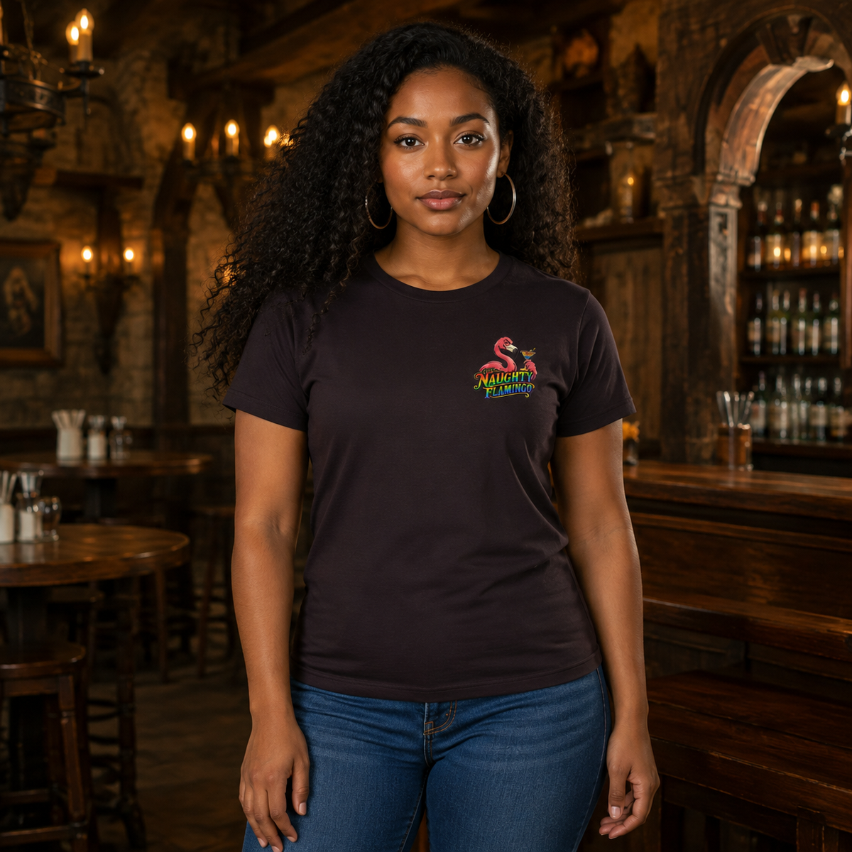 Woman modeling the Oxblood Black T-shirt front with small Naughty Flamingo left-chest logo