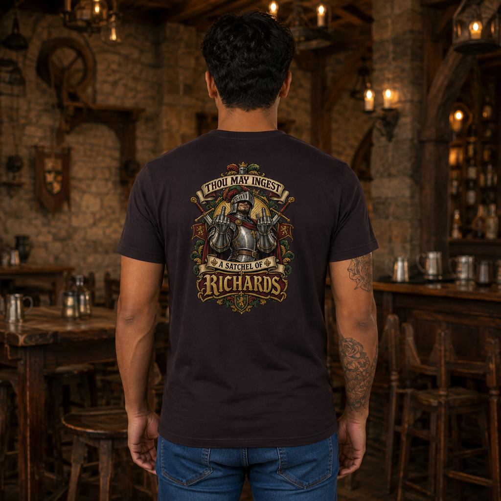 Man modeling the Oxblood Black T-shirt back with medieval Richards artwork
