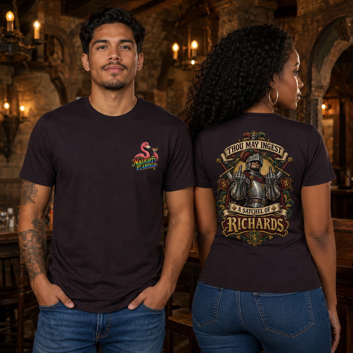 Oxblood Black unisex T-shirt shown from the front and back with Naughty Flamingo and Richards graphics