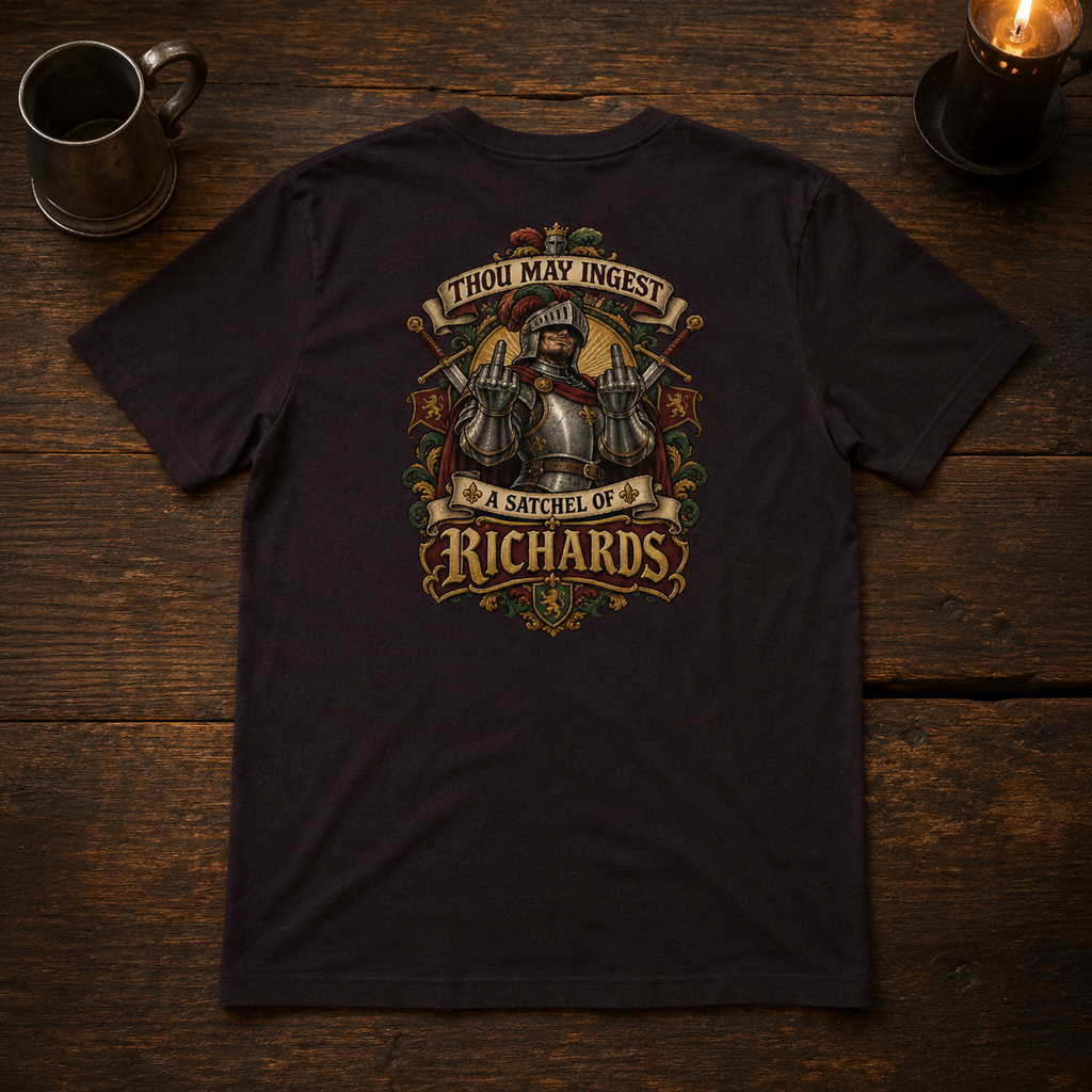 Oxblood Black T-shirt tabletop back view with medieval Richards artwork
