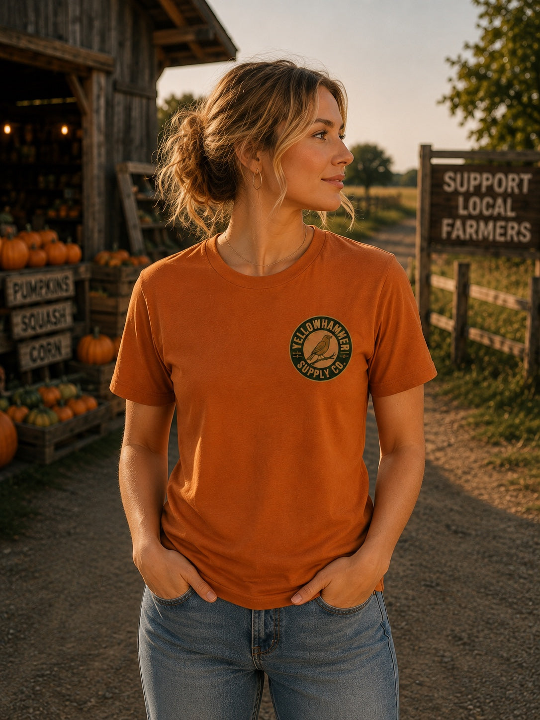 Front view of Yellowhammer Supply Co. Autumn T-shirt with left chest logo on female model