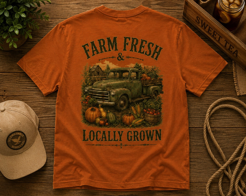 Styled flat lay of Yellowhammer Supply Co. Autumn Farm Fresh and Locally Grown graphic T-shirt