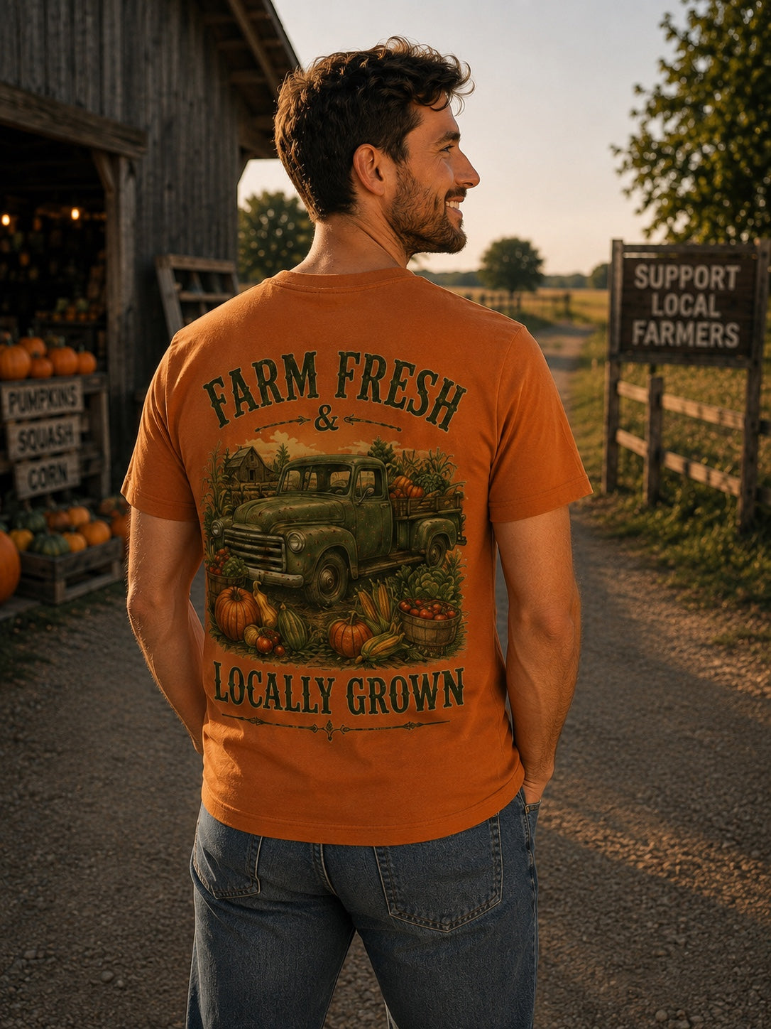 Back view of Yellowhammer Supply Co. Autumn Farm Fresh and Locally Grown graphic T-shirt on male model