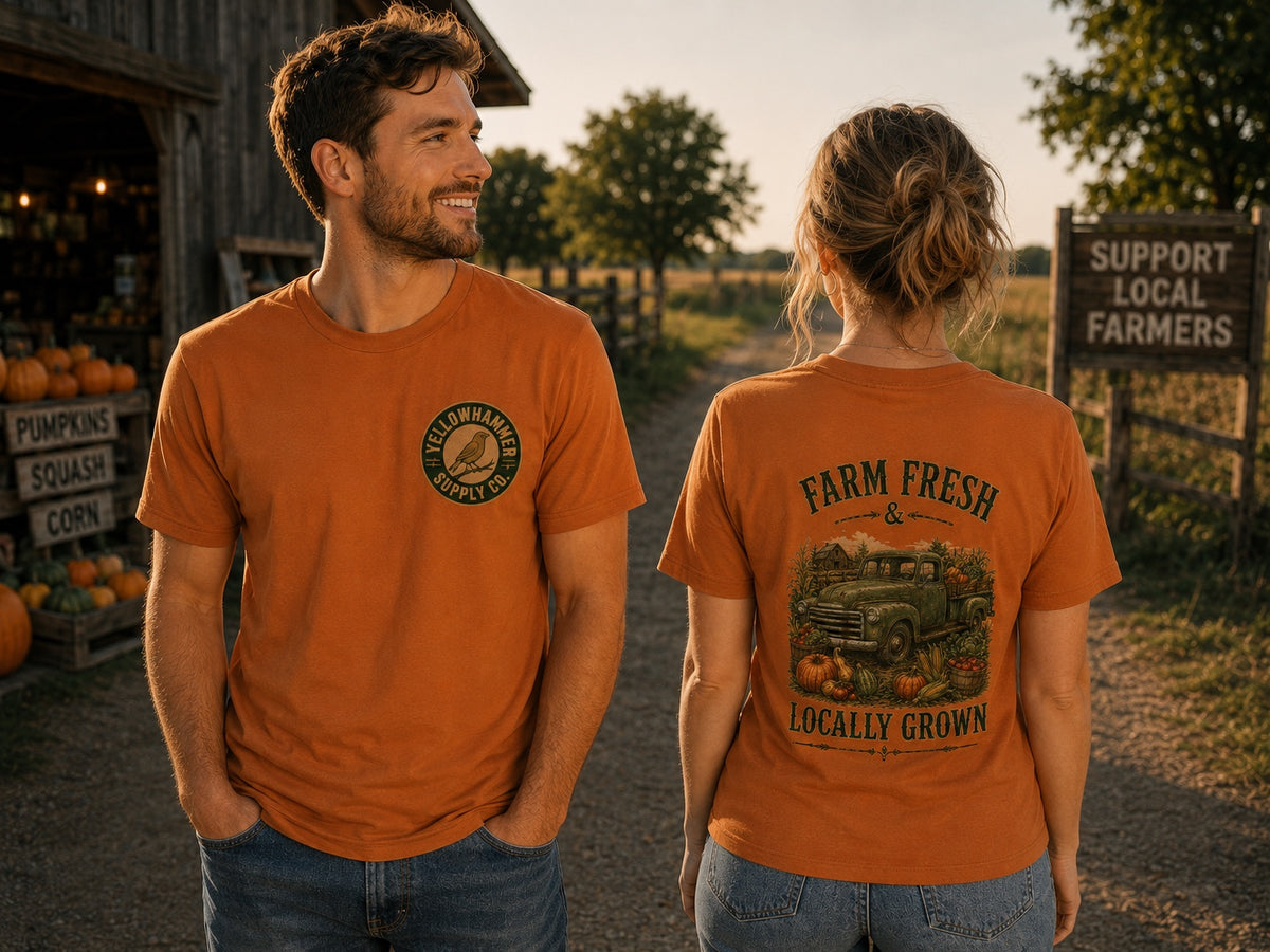 Yellowhammer Supply Co. Autumn Farm Fresh and Locally Grown graphic T-shirt on male and female models