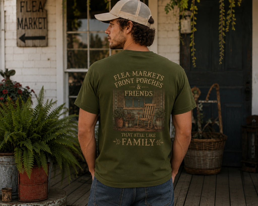 Back view of Yellowhammer Supply Co. olive Flea Markets Front Porches and Friends graphic T-shirt on male model