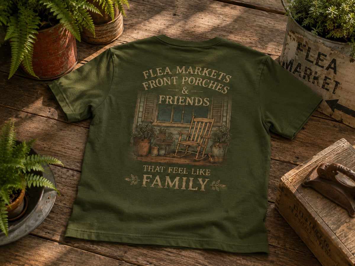 Styled flat lay of Yellowhammer Supply Co. olive Flea Markets Front Porches and Friends graphic T-shirt