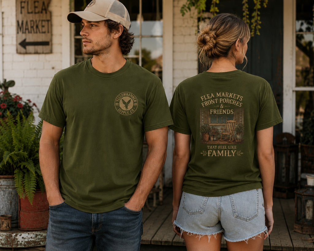 Yellowhammer Supply Co. olive Flea Markets Front Porches and Friends graphic T-shirt on male and female models