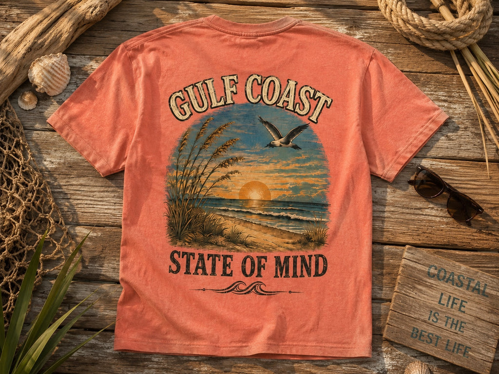 Styled flat lay of Yellowhammer Supply Co. Sunset Gulf Coast State of Mind graphic T-shirt