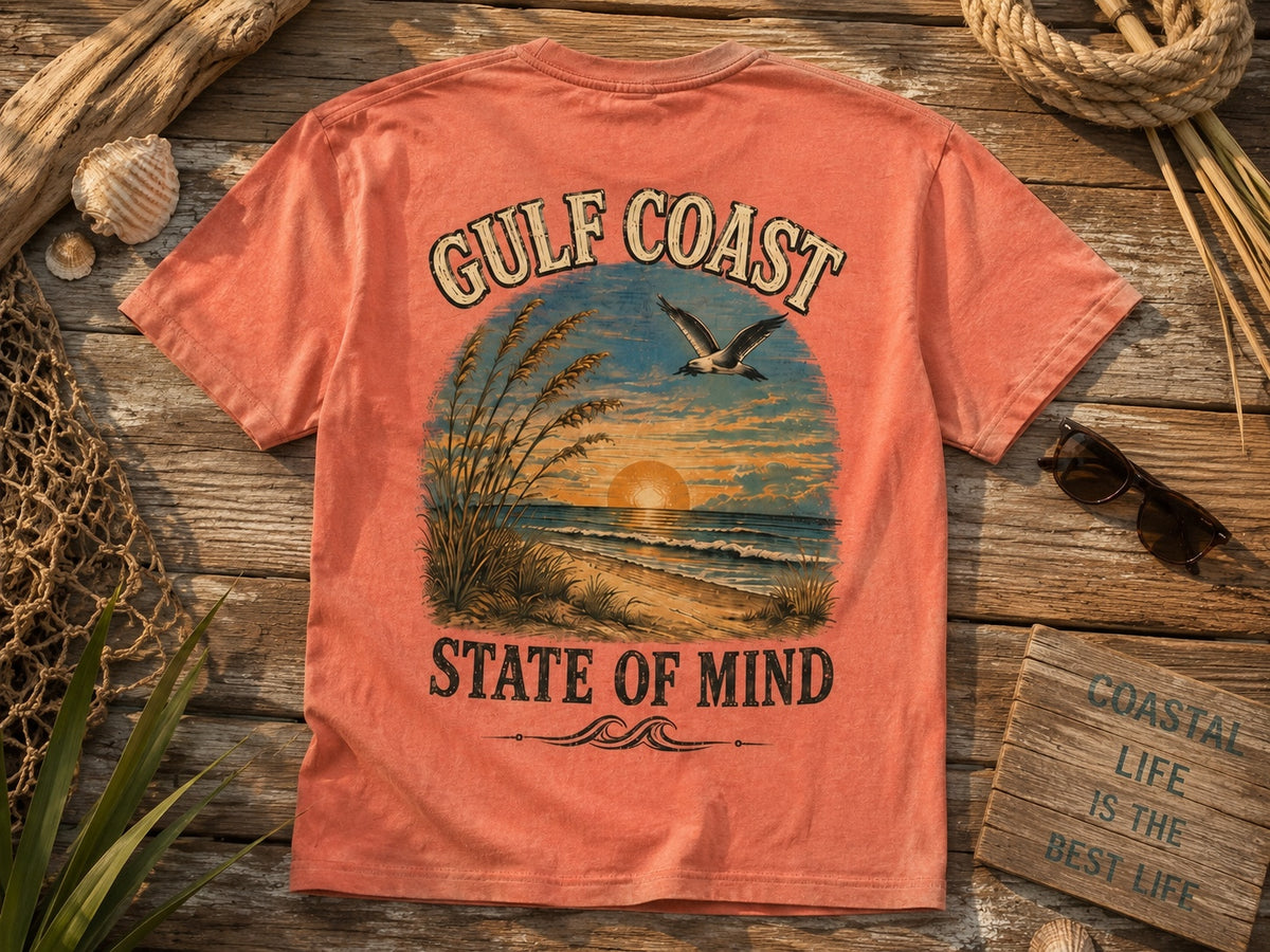 Styled flat lay of Yellowhammer Supply Co. Sunset Gulf Coast State of Mind graphic T-shirt