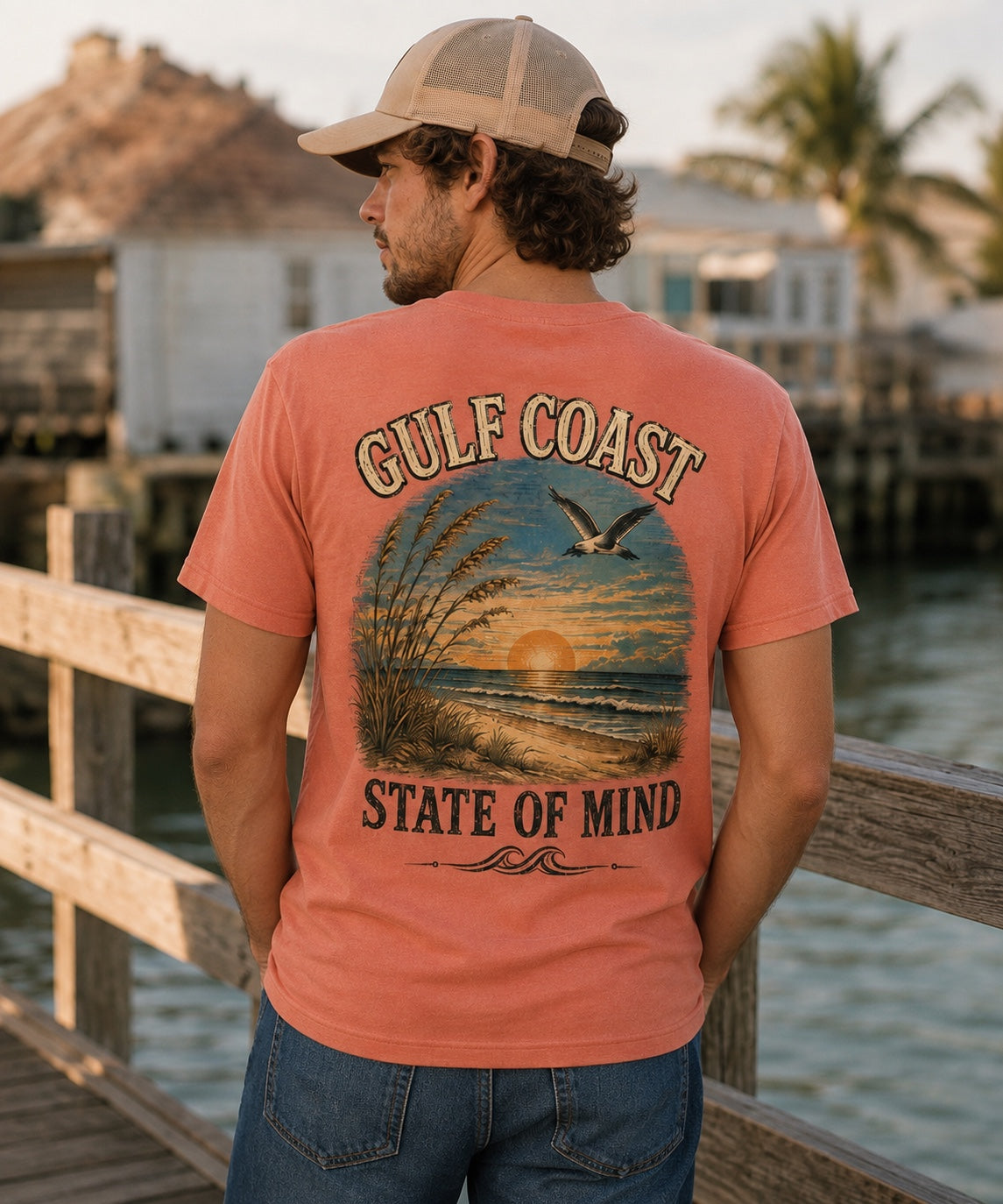 Back view of Yellowhammer Supply Co. Sunset Gulf Coast State of Mind graphic T-shirt on male model
