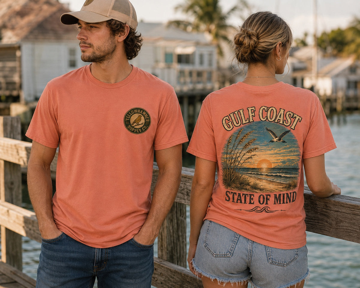 Yellowhammer Supply Co. Sunset Gulf Coast State of Mind graphic T-shirt on male and female models