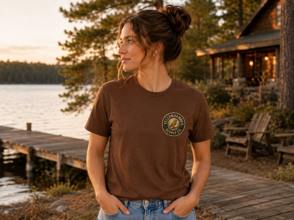Female model wearing Yellowhammer Supply Co. Life Is Better at the Lake brown T-shirt front