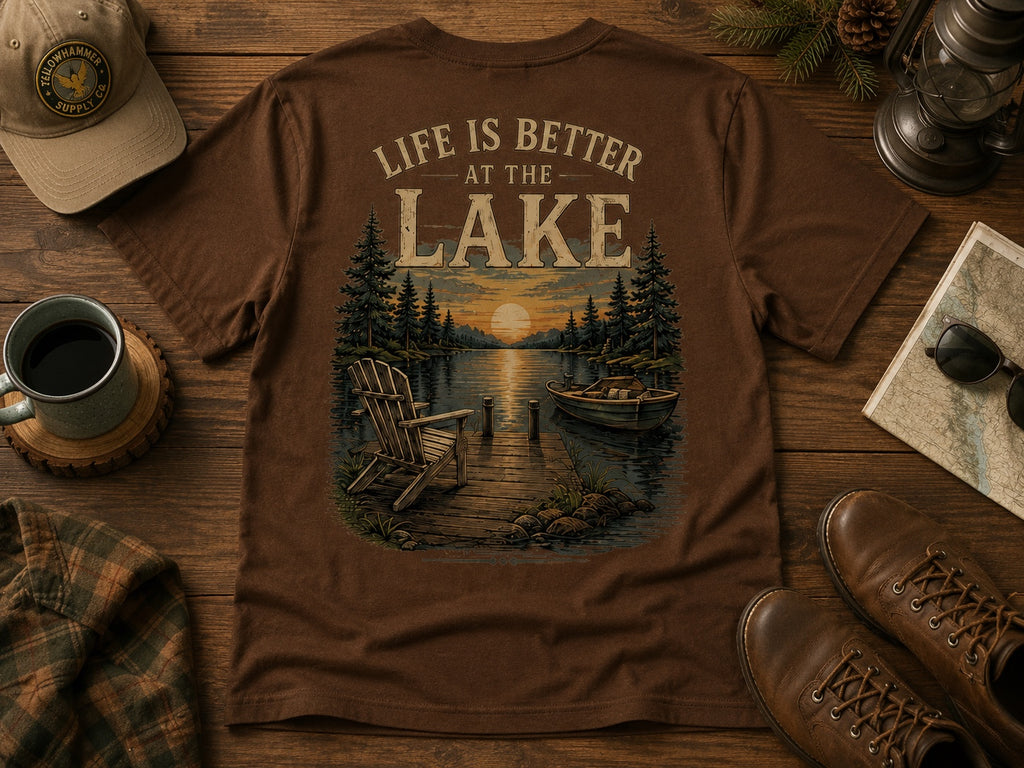 Yellowhammer Supply Co. Life Is Better at the Lake brown T-shirt styled flat lay back design