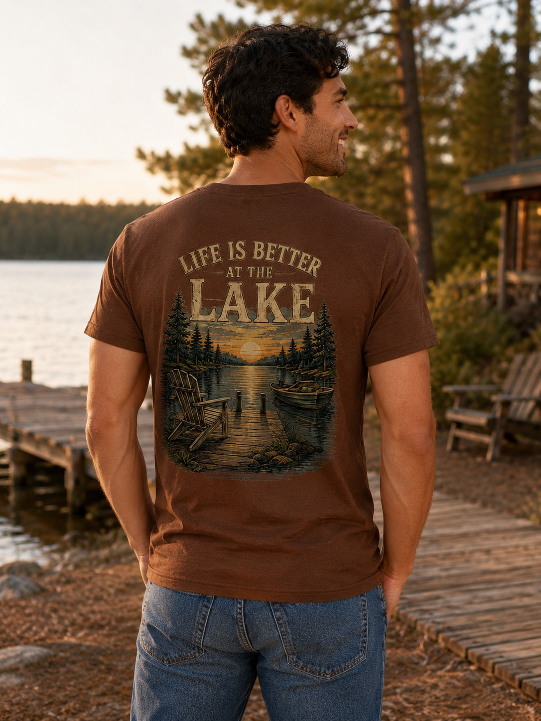 Male model wearing Yellowhammer Supply Co. Life Is Better at the Lake brown T-shirt back