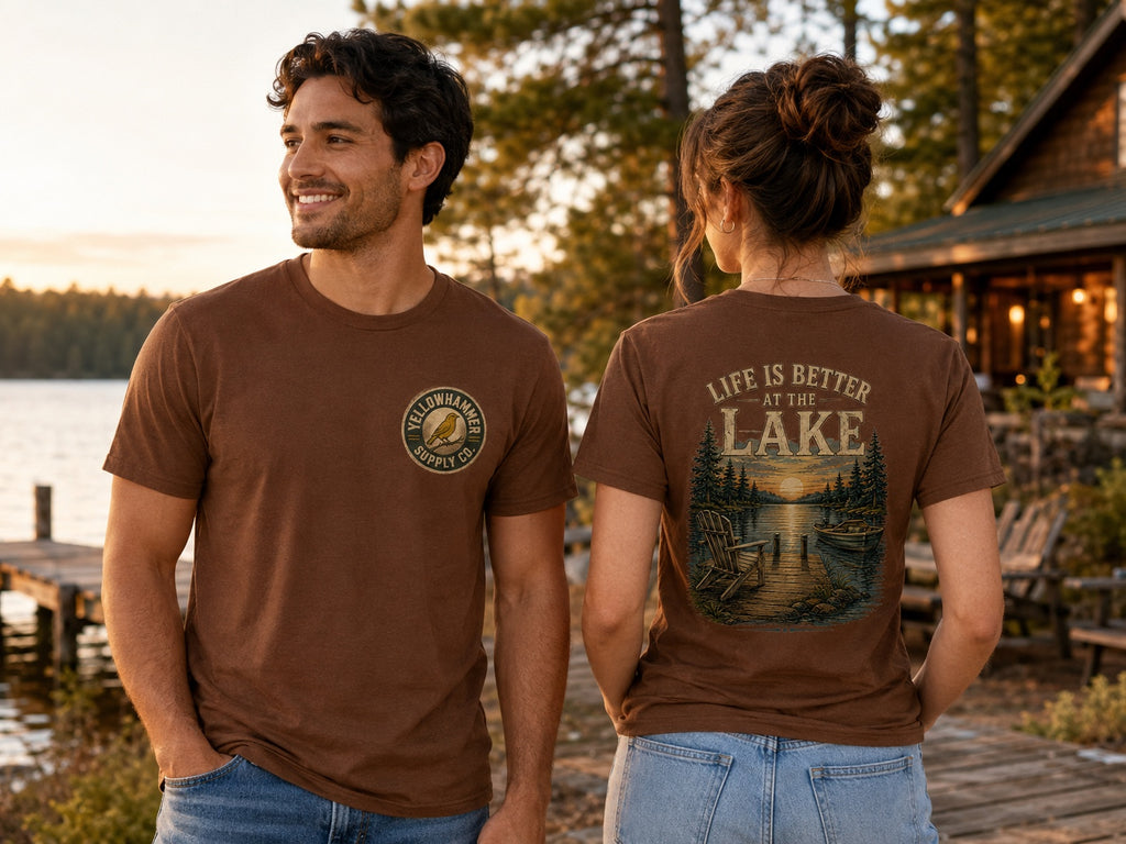 Yellowhammer Supply Co. Life Is Better at the Lake brown T-shirt lifestyle front and back