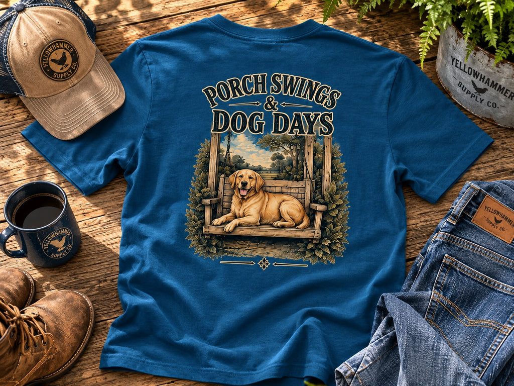 Styled flat lay of Yellowhammer Supply Co. Deep Teal Porch Swings and Dog Days graphic T-shirt