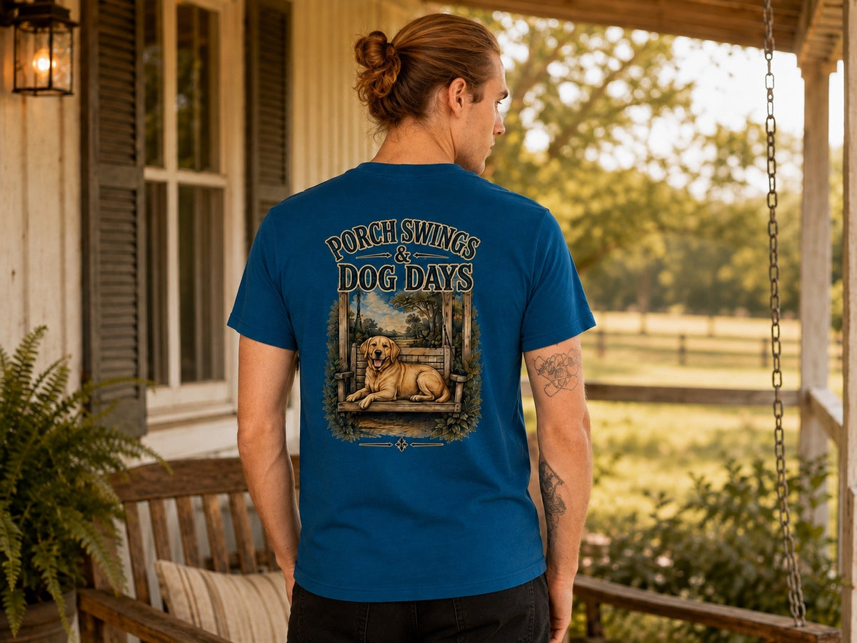 Back view of Yellowhammer Supply Co. Deep Teal Porch Swings and Dog Days graphic T-shirt on male model