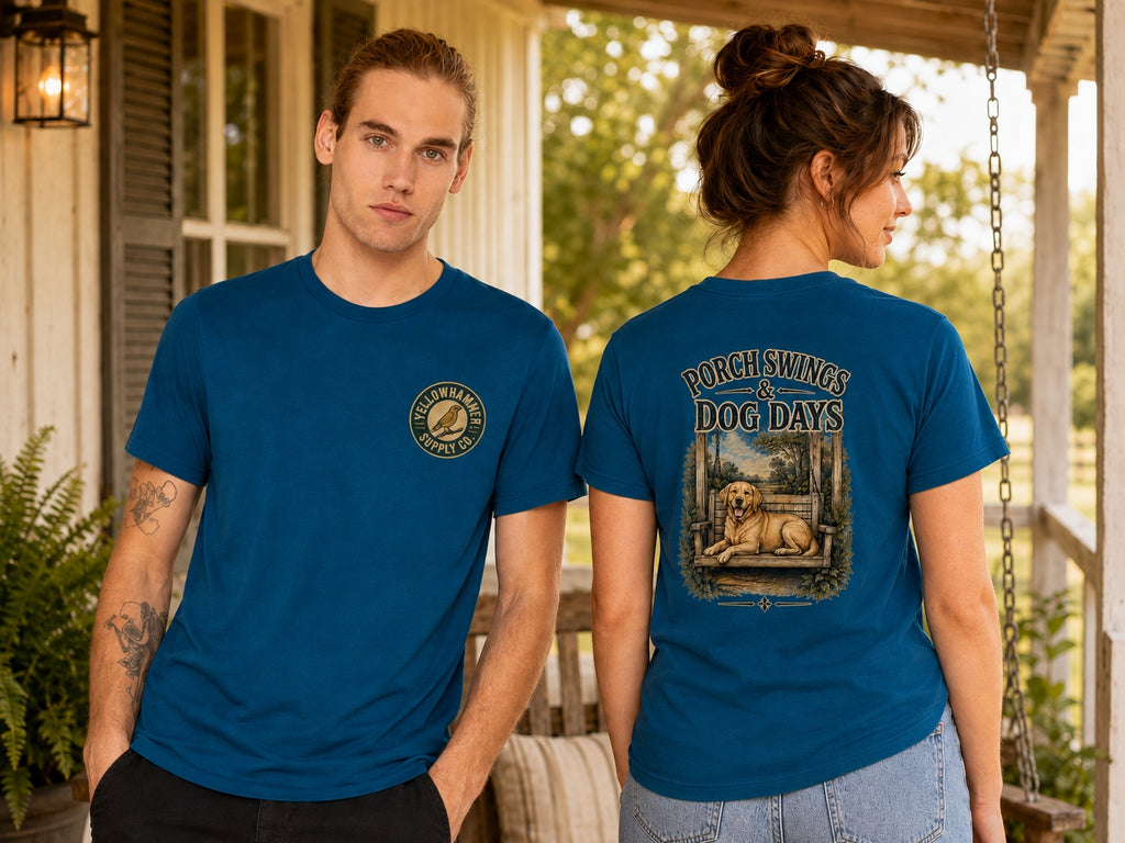 Yellowhammer Supply Co. Deep Teal Porch Swings and Dog Days graphic T-shirt on male and female models
