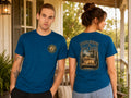 Yellowhammer Supply Co. Deep Teal Porch Swings and Dog Days graphic T-shirt on male and female models