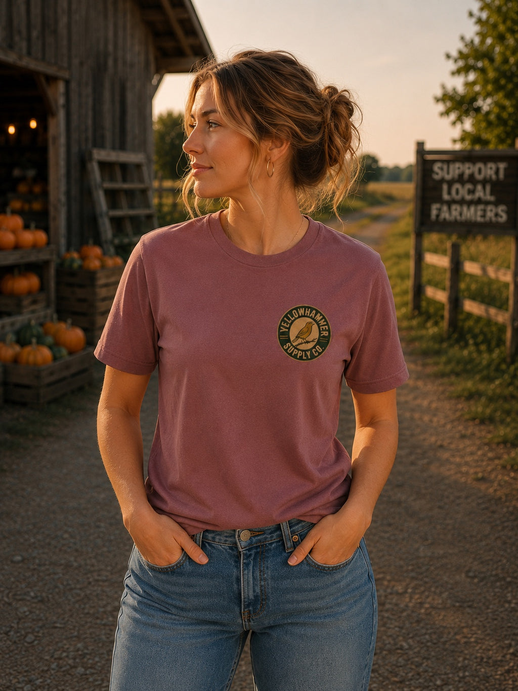 Save the Honeybees Yellowhammer mauve T-shirt female front view