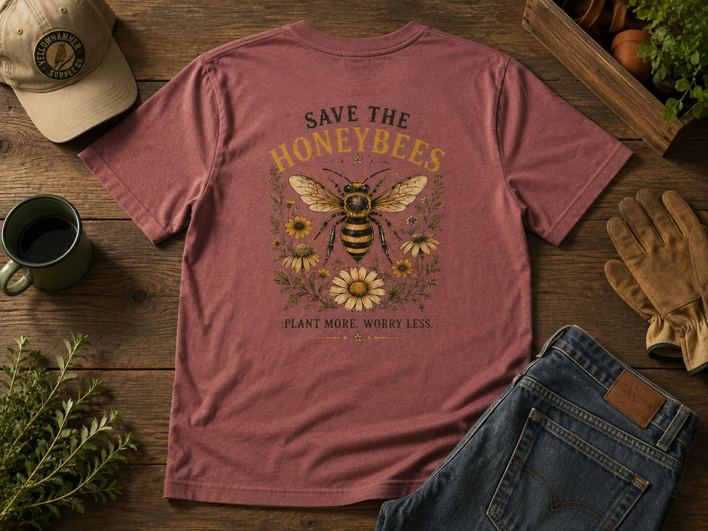 Save the Honeybees Yellowhammer mauve T-shirt styled back flat lay