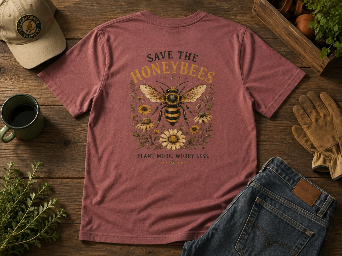 Save the Honeybees Yellowhammer mauve T-shirt styled back flat lay
