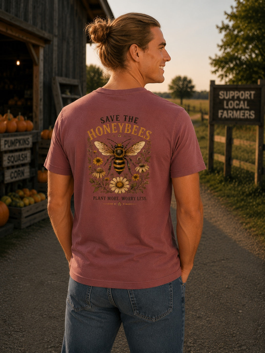 Save the Honeybees Yellowhammer mauve T-shirt male back view
