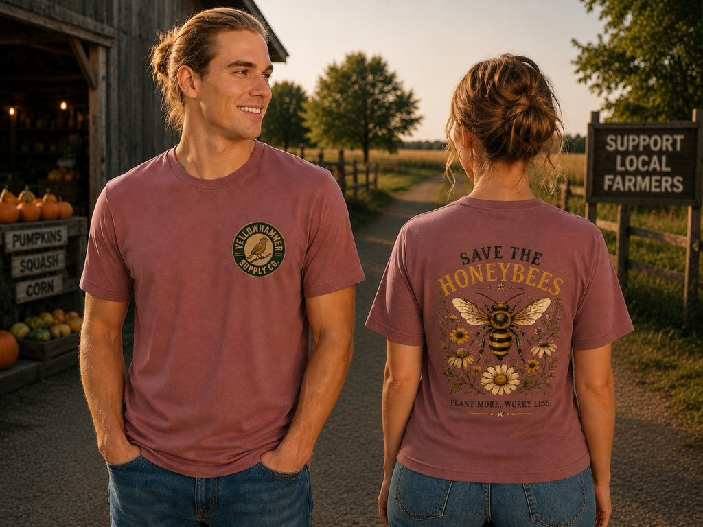 Save the Honeybees Yellowhammer mauve T-shirt lifestyle models front and back