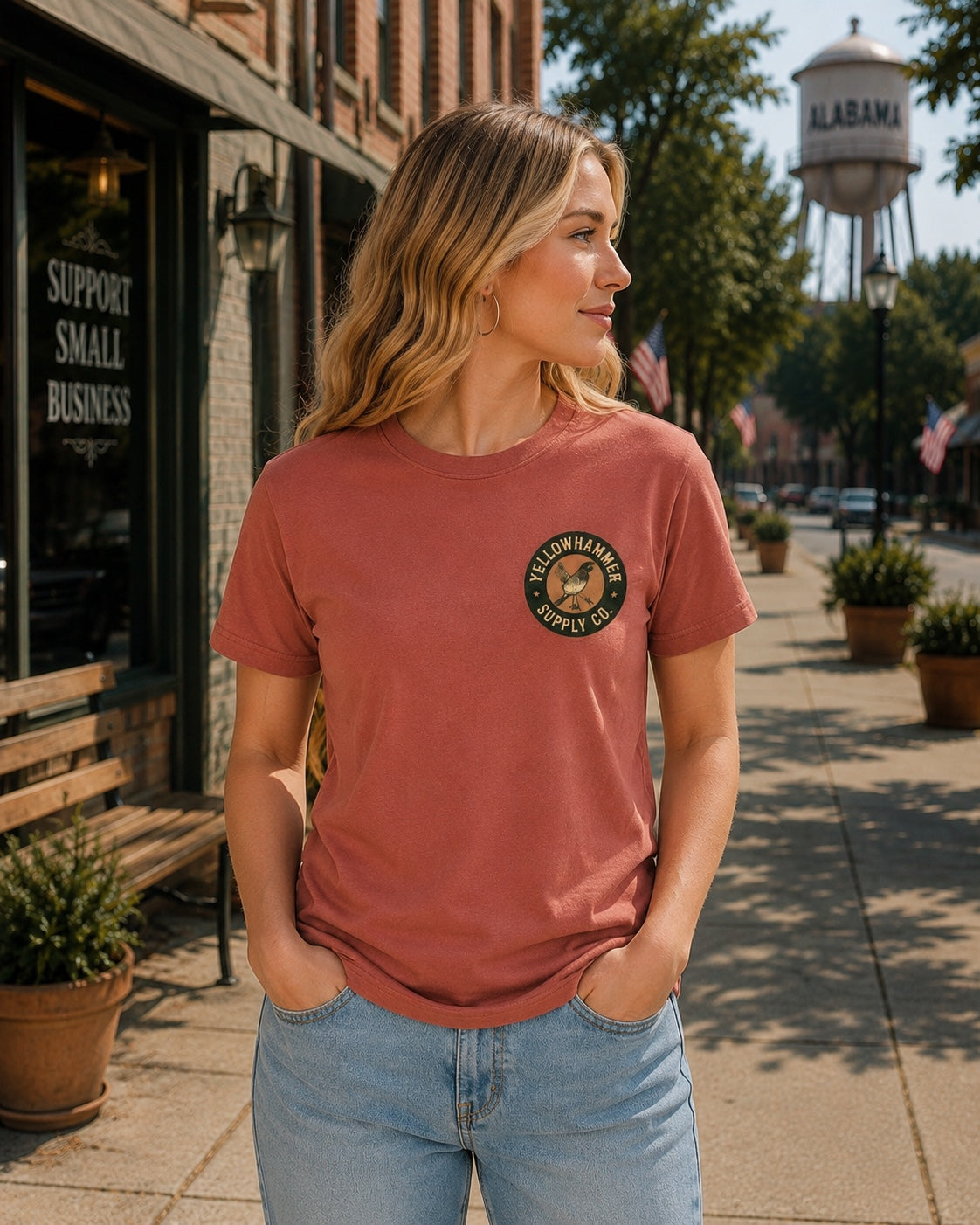 Front view of Yellowhammer Supply Co. Mauve T-shirt with left chest Yellowhammer logo on female model