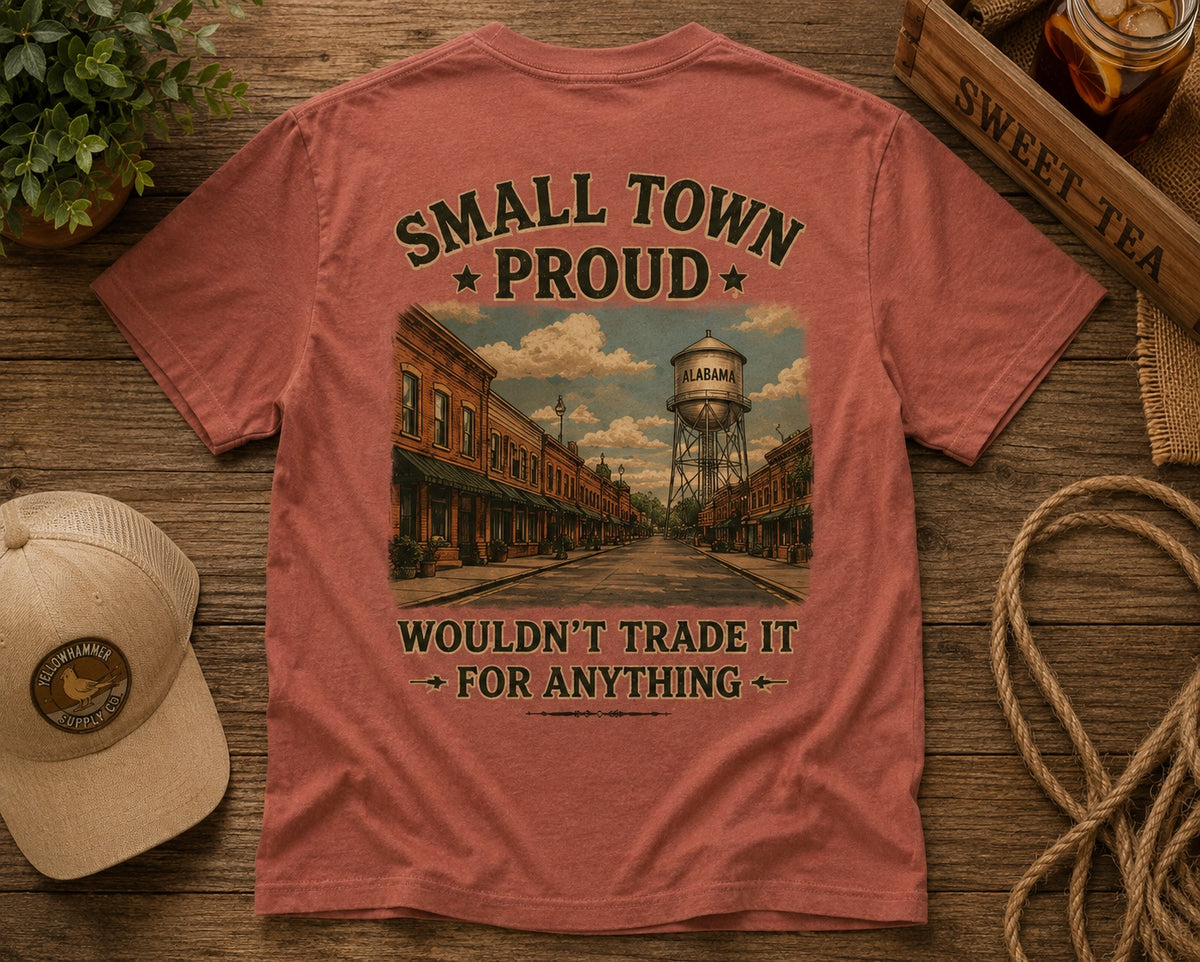 Styled flat lay of Yellowhammer Supply Co. Mauve Small Town Proud graphic T-shirt