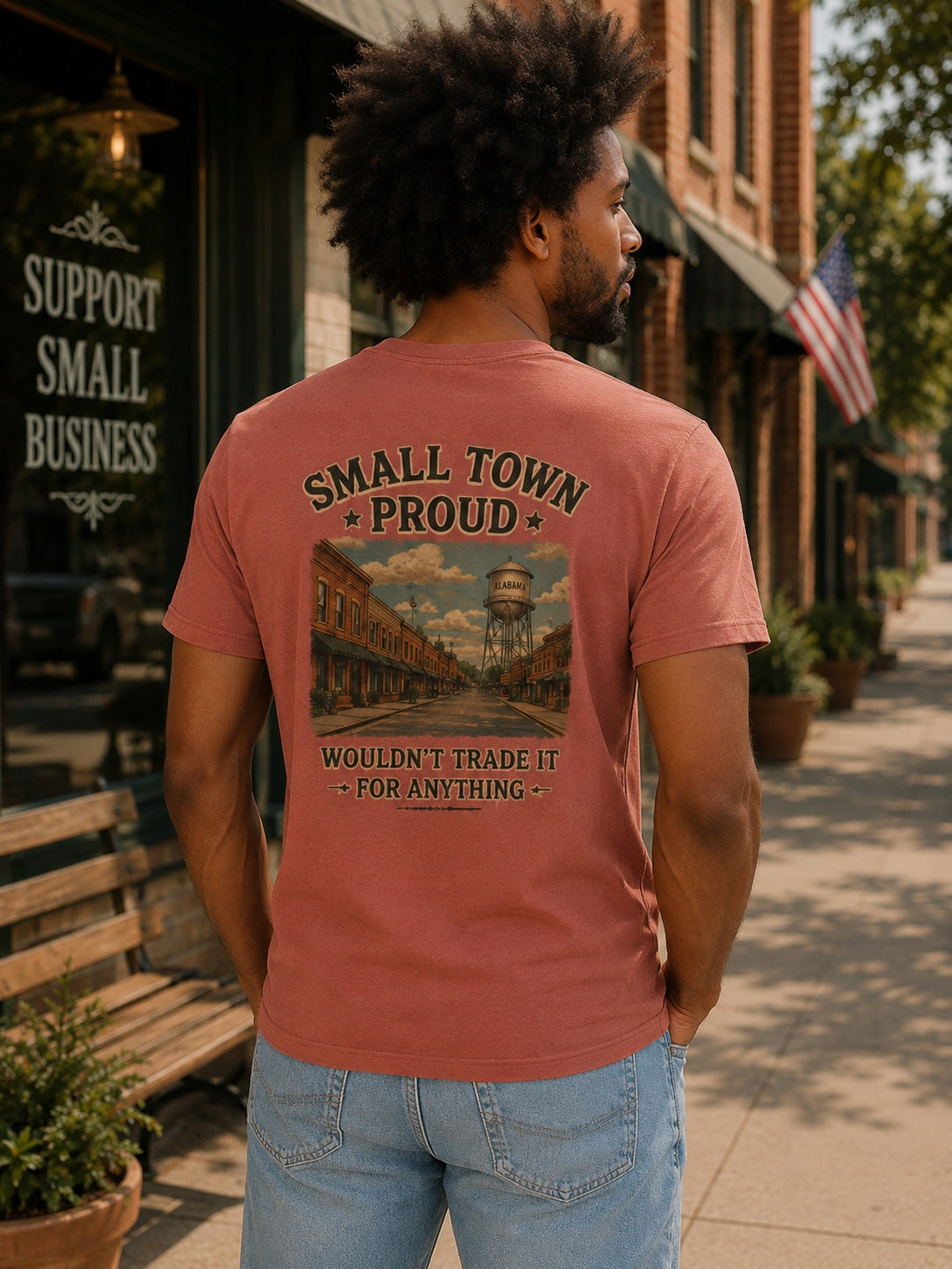 Back view of Yellowhammer Supply Co. Mauve Small Town Proud graphic T-shirt on male model