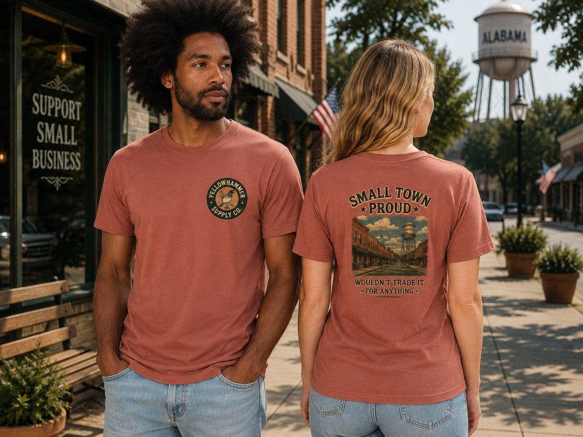 Yellowhammer Supply Co. Mauve Small Town Proud graphic T-shirt on male and female models