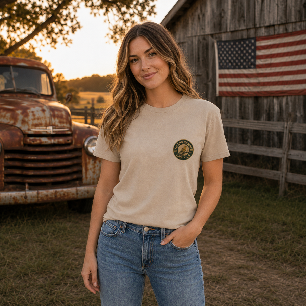 Female model front view of Yellowhammer Southern by Birth Proud by Choice tan T-shirt