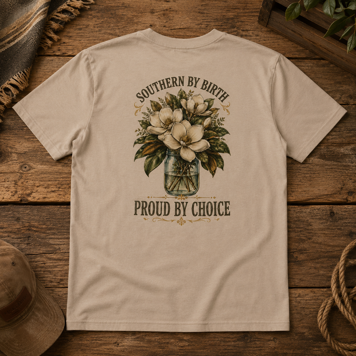 Styled tabletop back view of Yellowhammer Southern by Birth Proud by Choice tan T-shirt