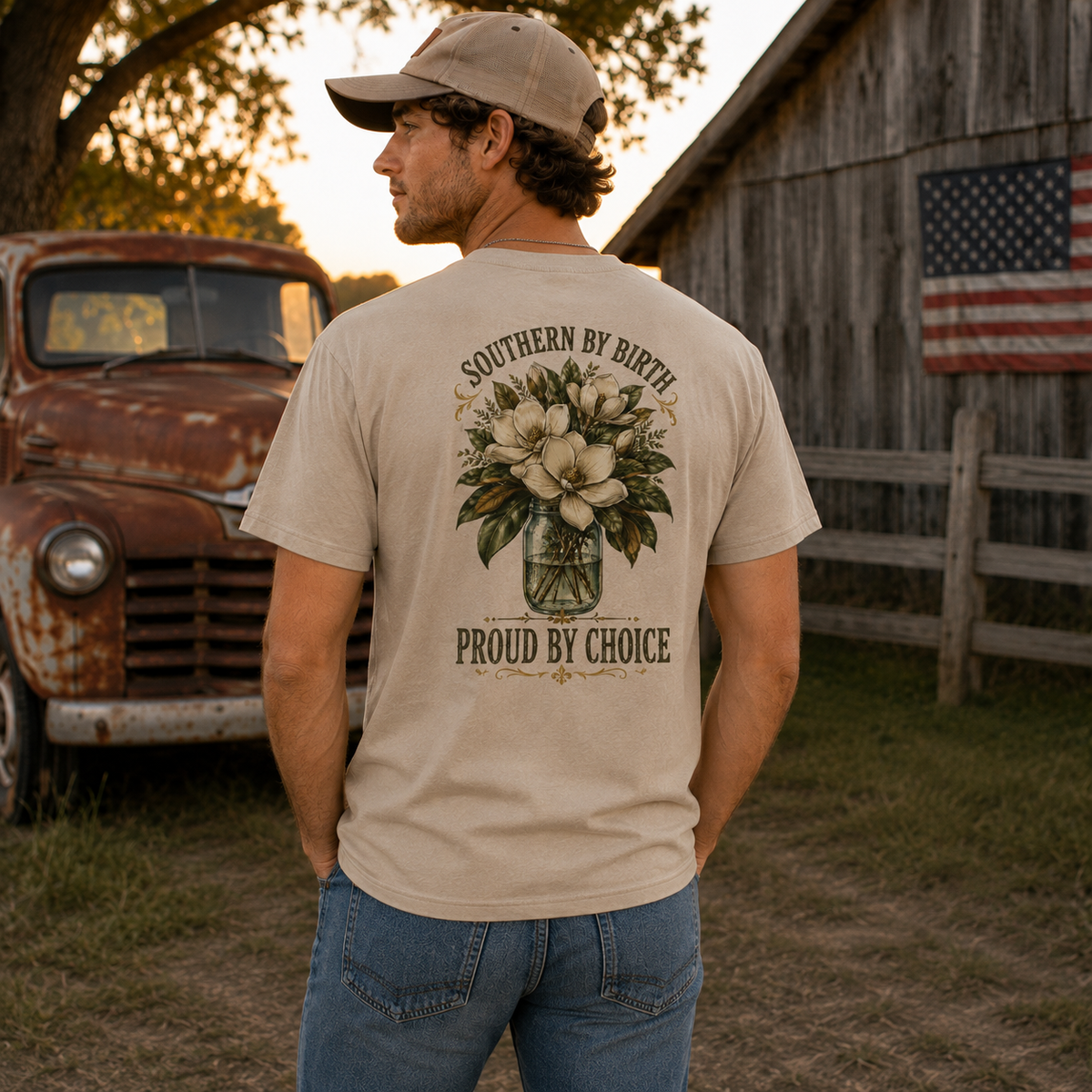 Male model back view of Yellowhammer Southern by Birth Proud by Choice tan T-shirt