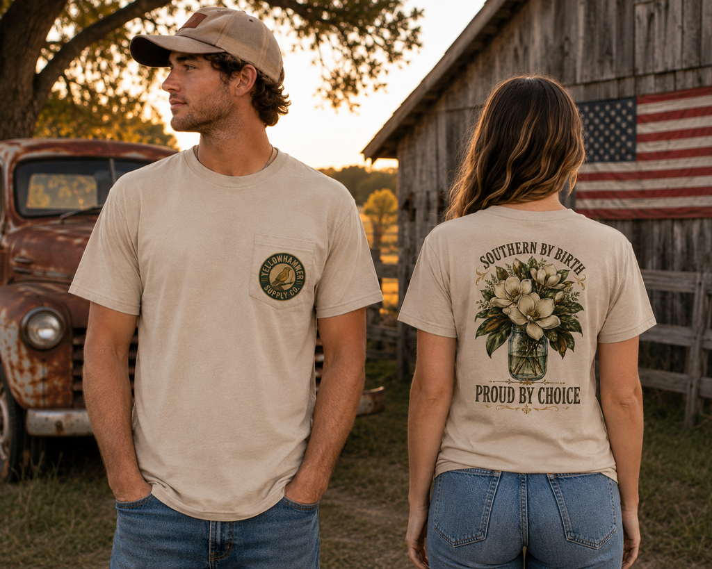 Yellowhammer Southern by Birth Proud by Choice tan T-shirt male front and female back lifestyle mockup