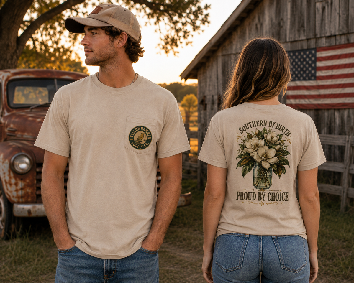 Yellowhammer Southern by Birth Proud by Choice tan T-shirt male front and female back lifestyle mockup