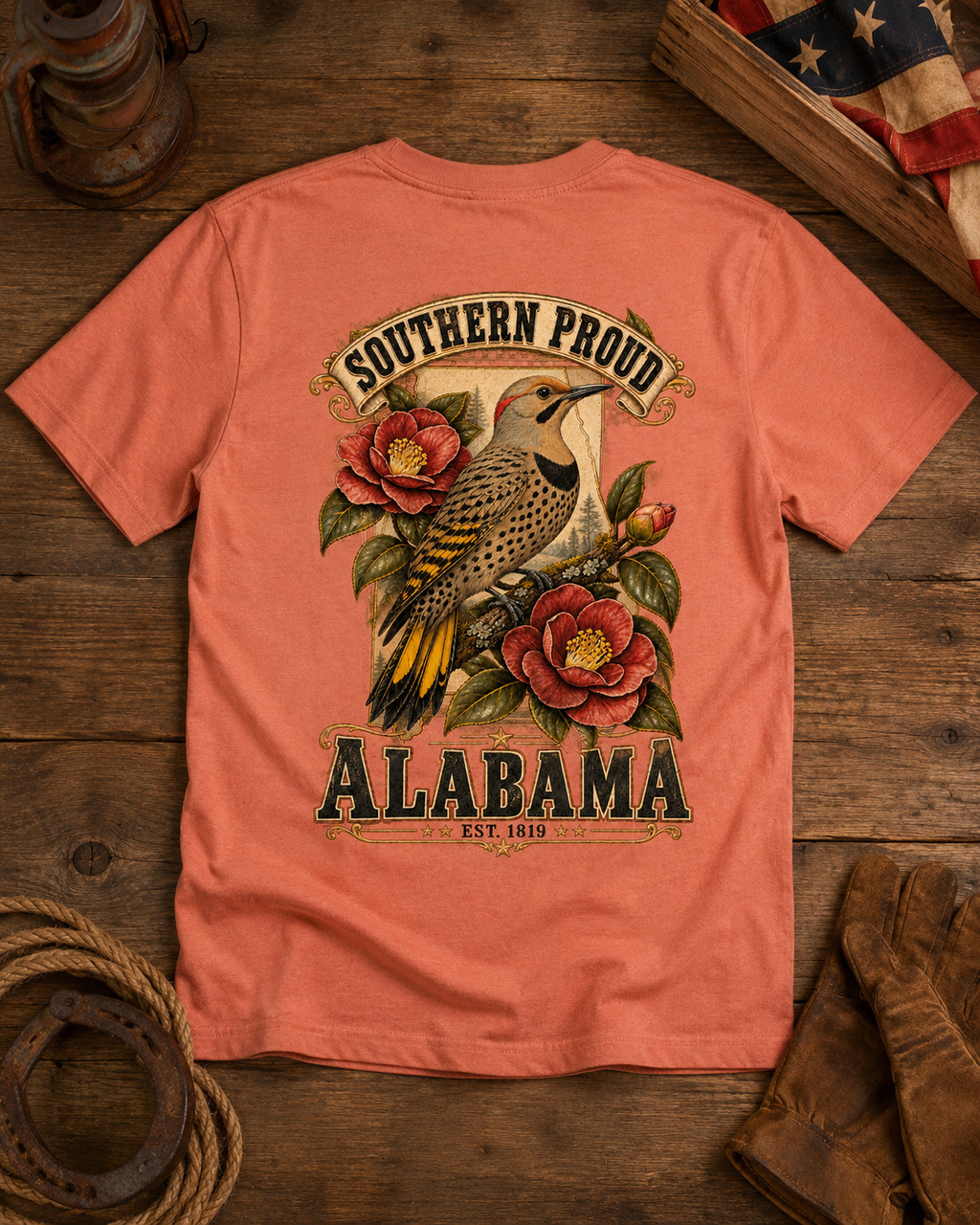 Styled table back view of Yellowhammer Southern Proud Alabama Sunset T-shirt