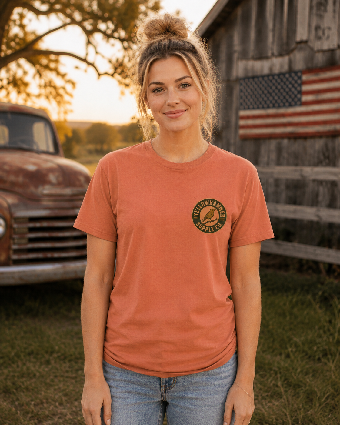 Female model front view of Yellowhammer Southern Proud Alabama Sunset T-shirt