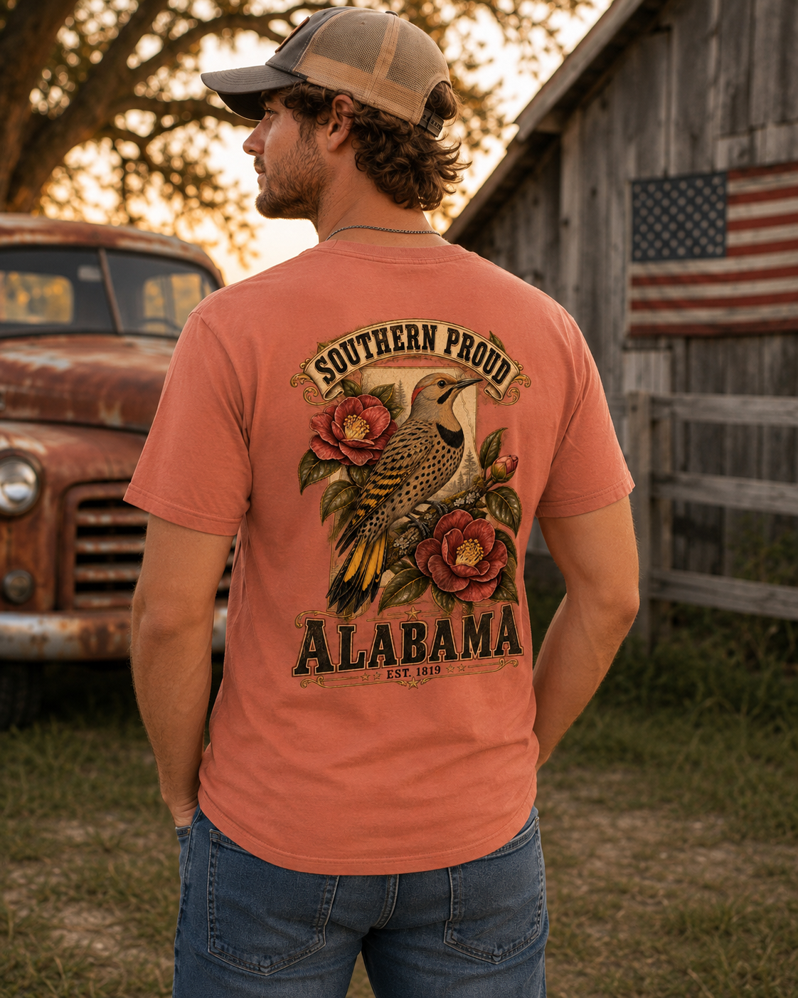 Male model back view of Yellowhammer Southern Proud Alabama Sunset T-shirt