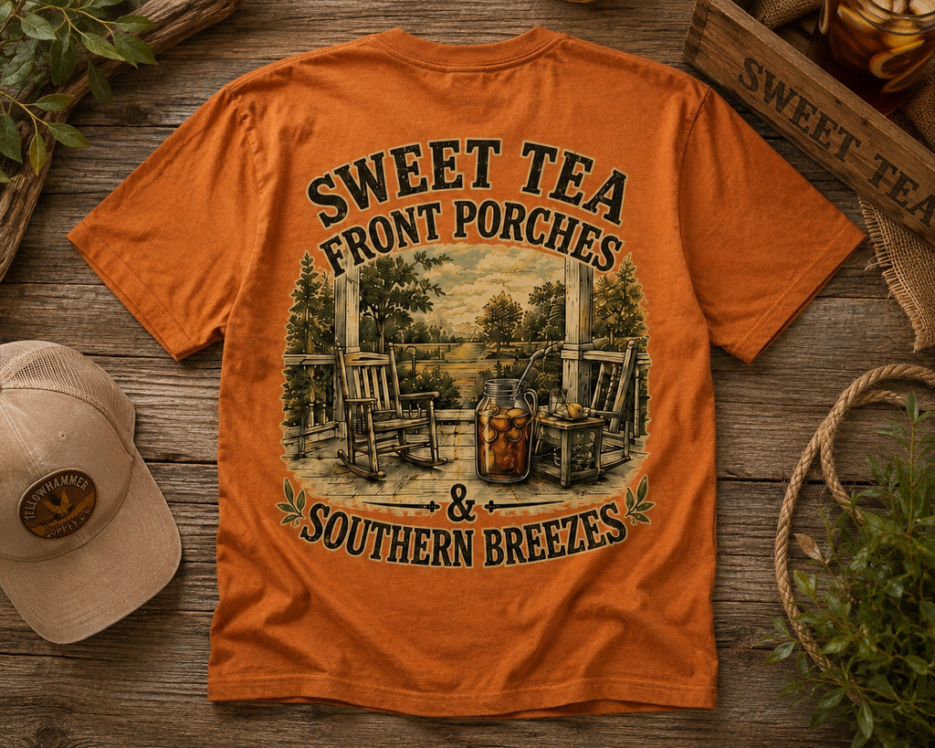 Styled flat lay of Yellowhammer Supply Co. Autumn Sweet Tea Front Porches and Southern Breezes graphic T-shirt
