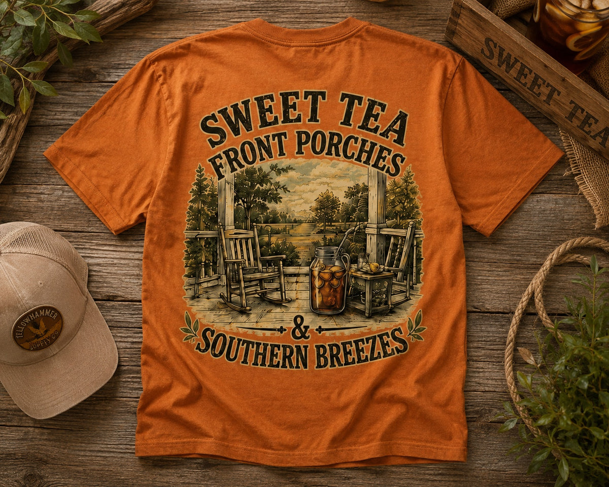 Styled flat lay of Yellowhammer Supply Co. Autumn Sweet Tea Front Porches and Southern Breezes graphic T-shirt