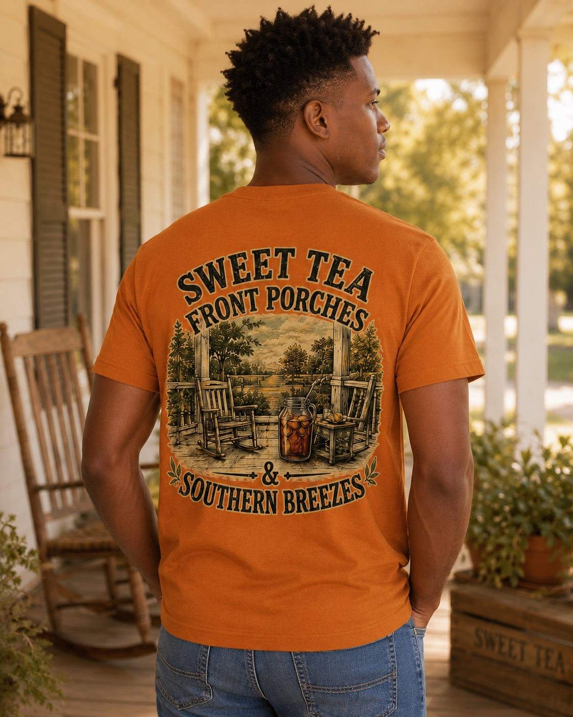 Back view of Yellowhammer Supply Co. Autumn Sweet Tea Front Porches and Southern Breezes graphic T-shirt on male model