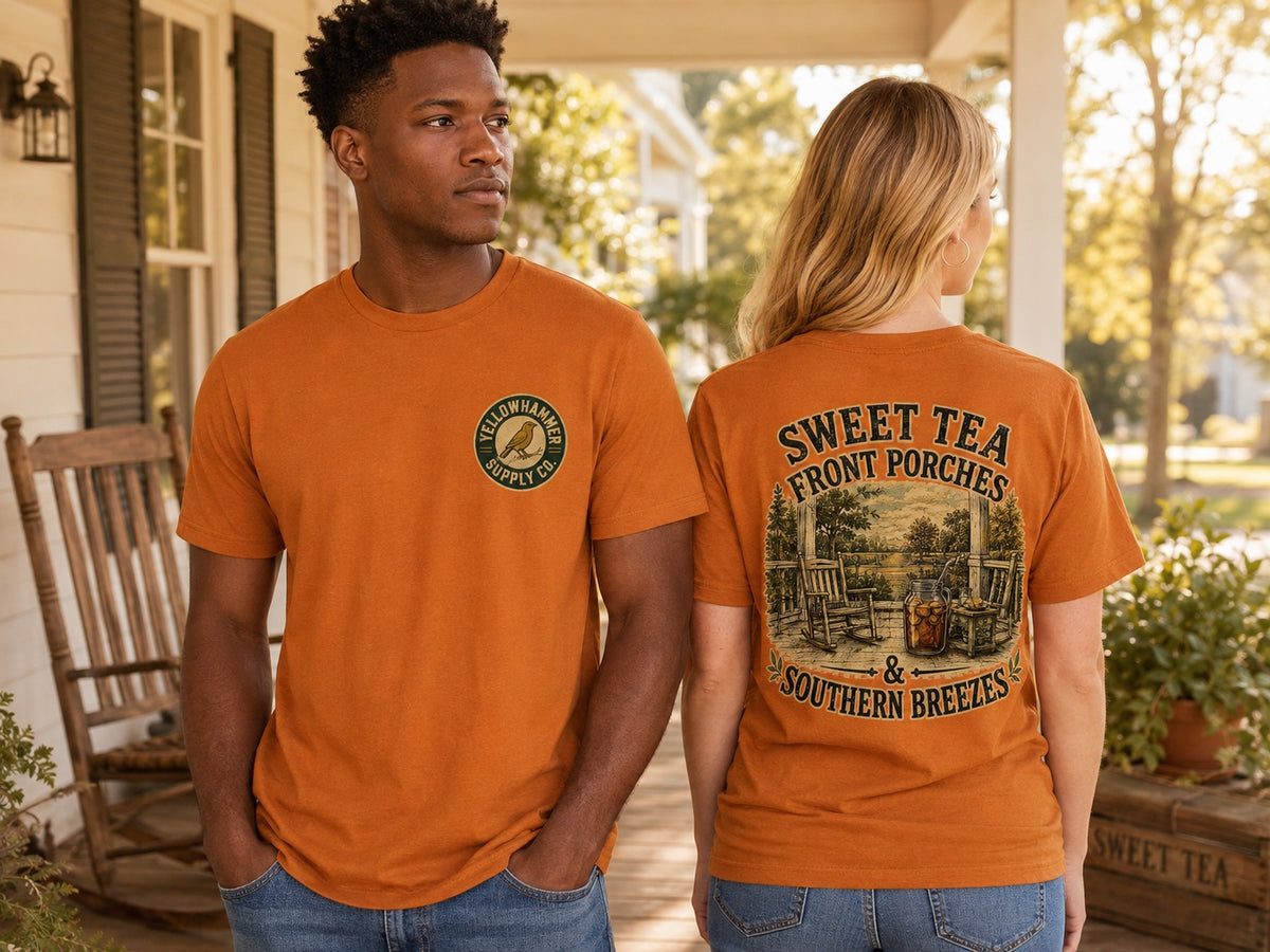 Yellowhammer Supply Co. Autumn Sweet Tea Front Porches and Southern Breezes graphic T-shirt on male and female models
